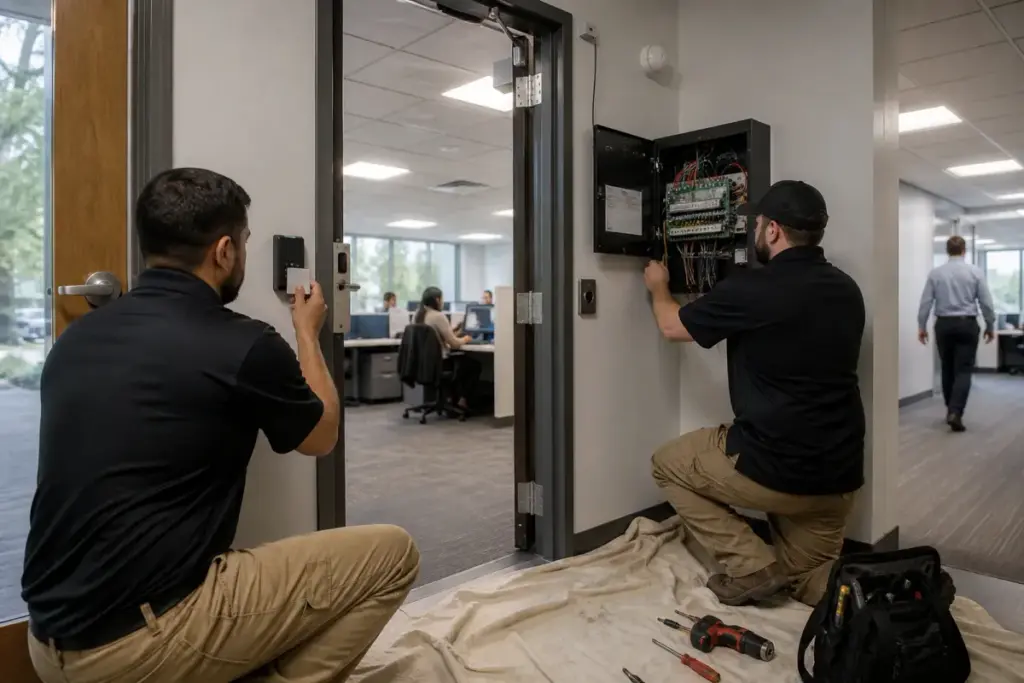 Technician inspecting card reader hardware at an office entrance