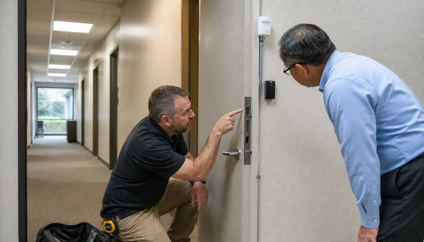 Access control technician working at a manufacturing entrance