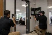Retail manager using credentialed access at a stockroom door
