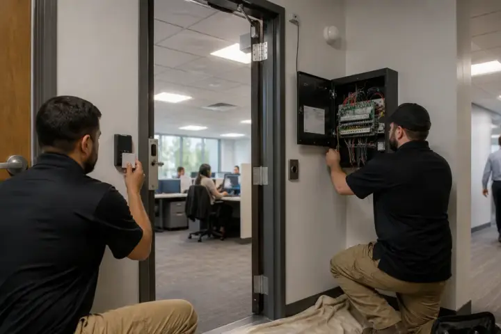 Retail manager using credentialed access at a stockroom door