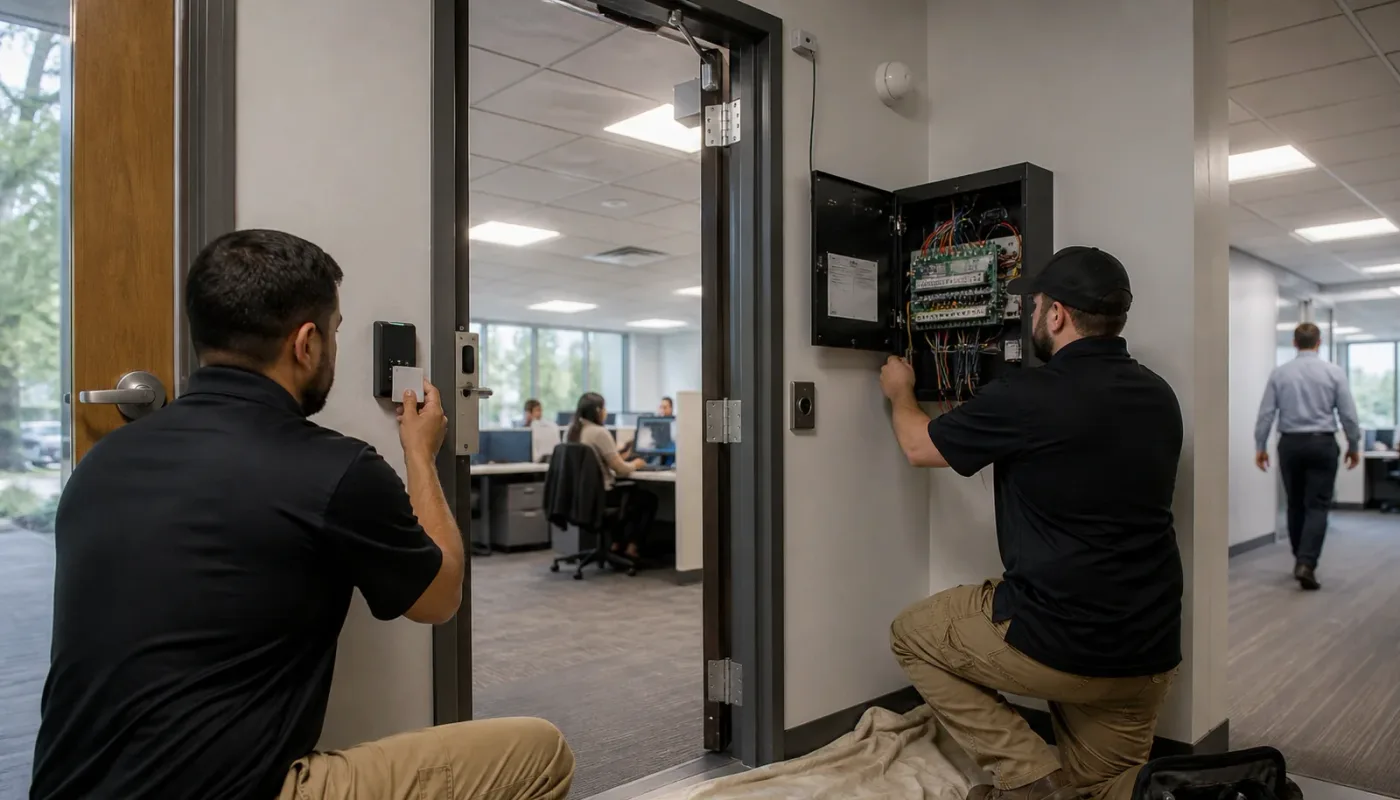 Retail manager using credentialed access at a stockroom door
