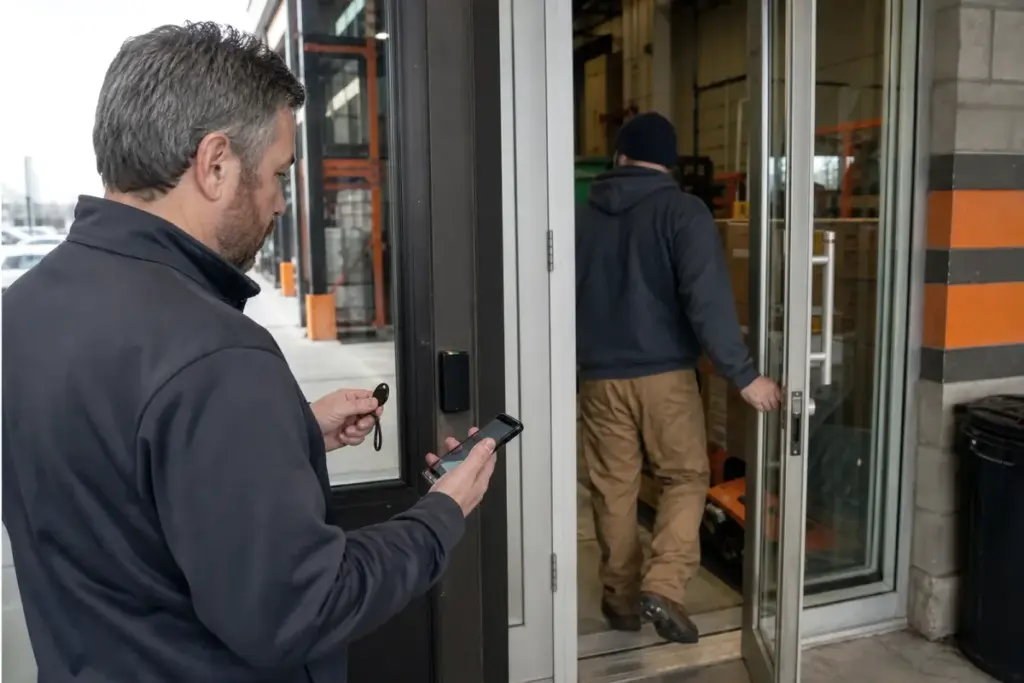 Access control installer working at a store employee entrance