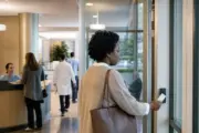 Church staff member using keyless entry at a side entrance