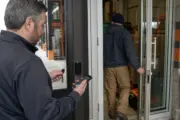 Hotel employee using credentialed staff entrance