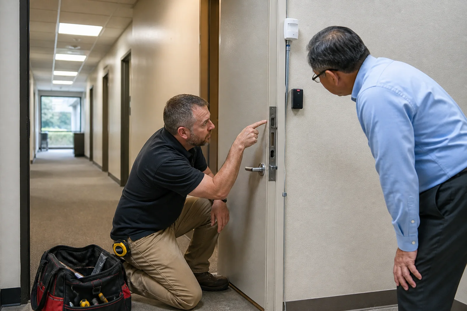 Access control estimator reviewing door hardware and project scope