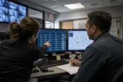Security and facilities staff reviewing access control event reports in an operations room