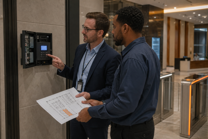 Facility manager and access control technician reviewing a service agreement