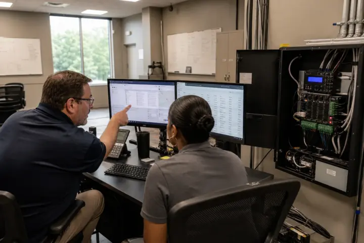 Facilities and IT staff reviewing access control software