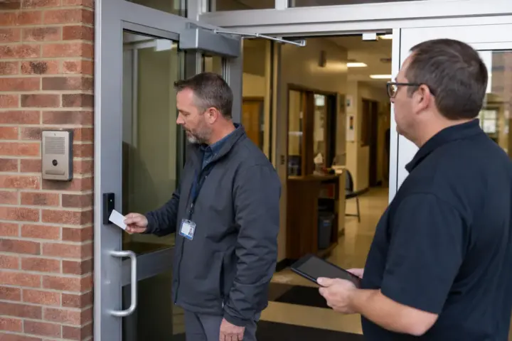 School facilities staff testing credential access at a secure entrance vestibule