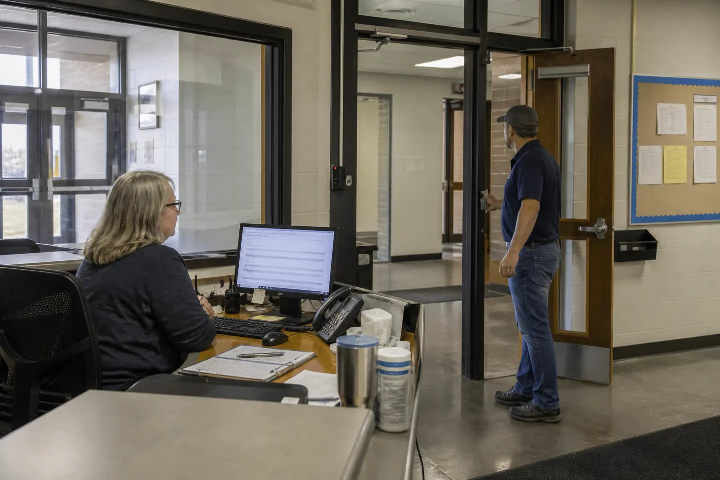 School administrator and facilities technician managing visitor entry