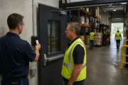 Warehouse supervisor and access control installer testing a credential reader at an employee entrance