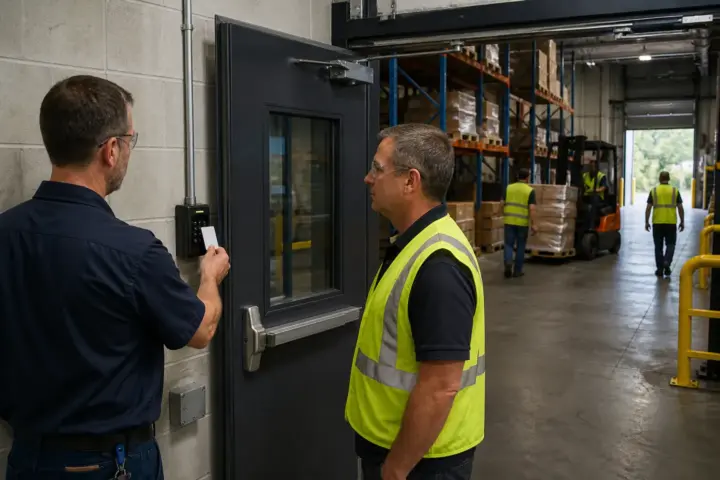 Warehouse supervisor and access control installer testing a credential reader at an employee entrance