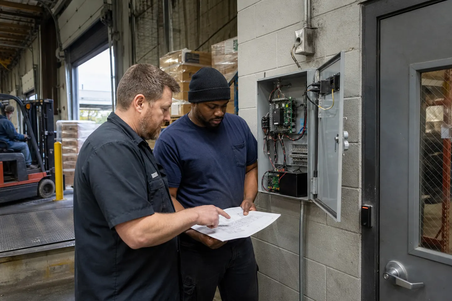 Warehouse supervisor and technician reviewing controlled dock access
