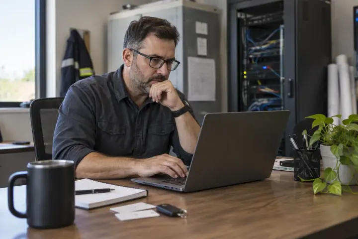 An office administrator reviewing a laptop beside access cards and a key fob