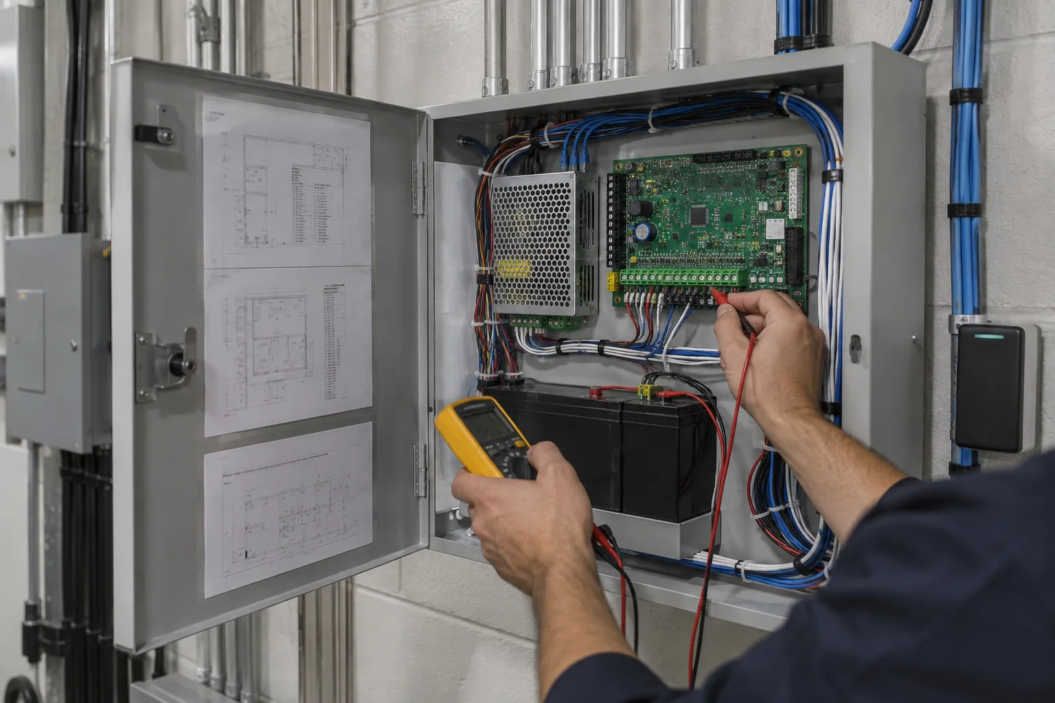 Access control enclosure with organized low voltage wiring