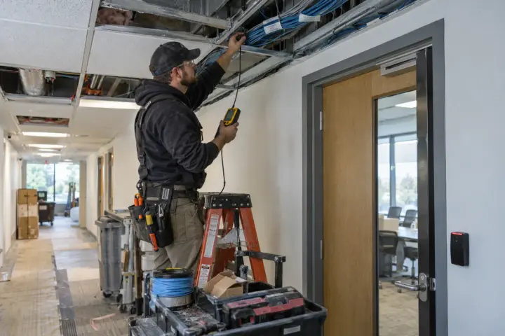Installer tracing access control cable above a commercial corridor