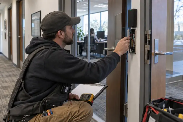Technician testing an office access control reader and electric strike