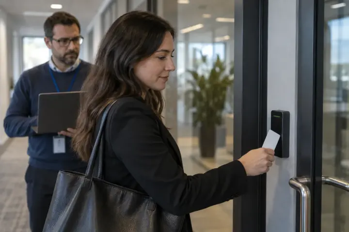 Employee using a badge at a commercial access controlled door