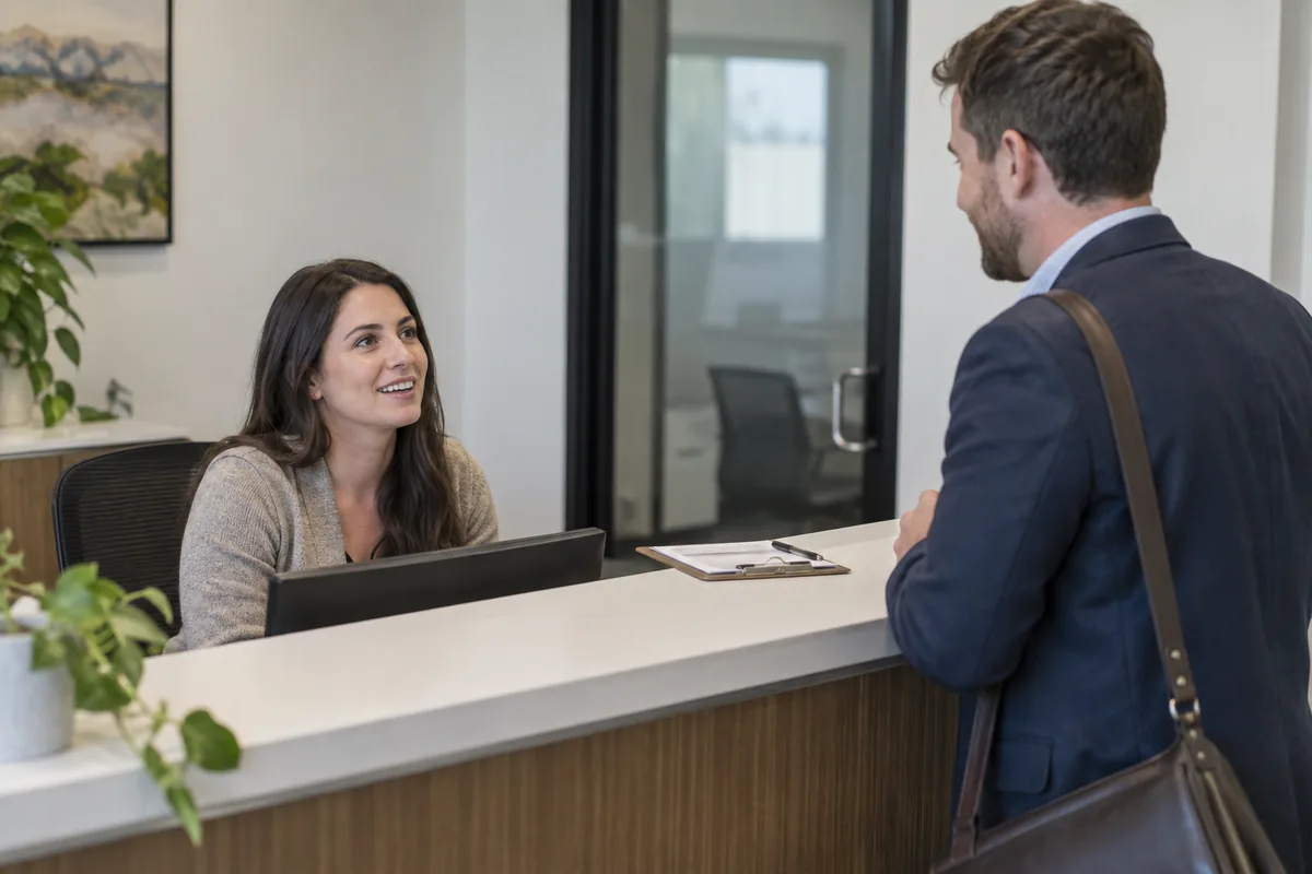 A visitor speaking with a receptionist at a modest office desk